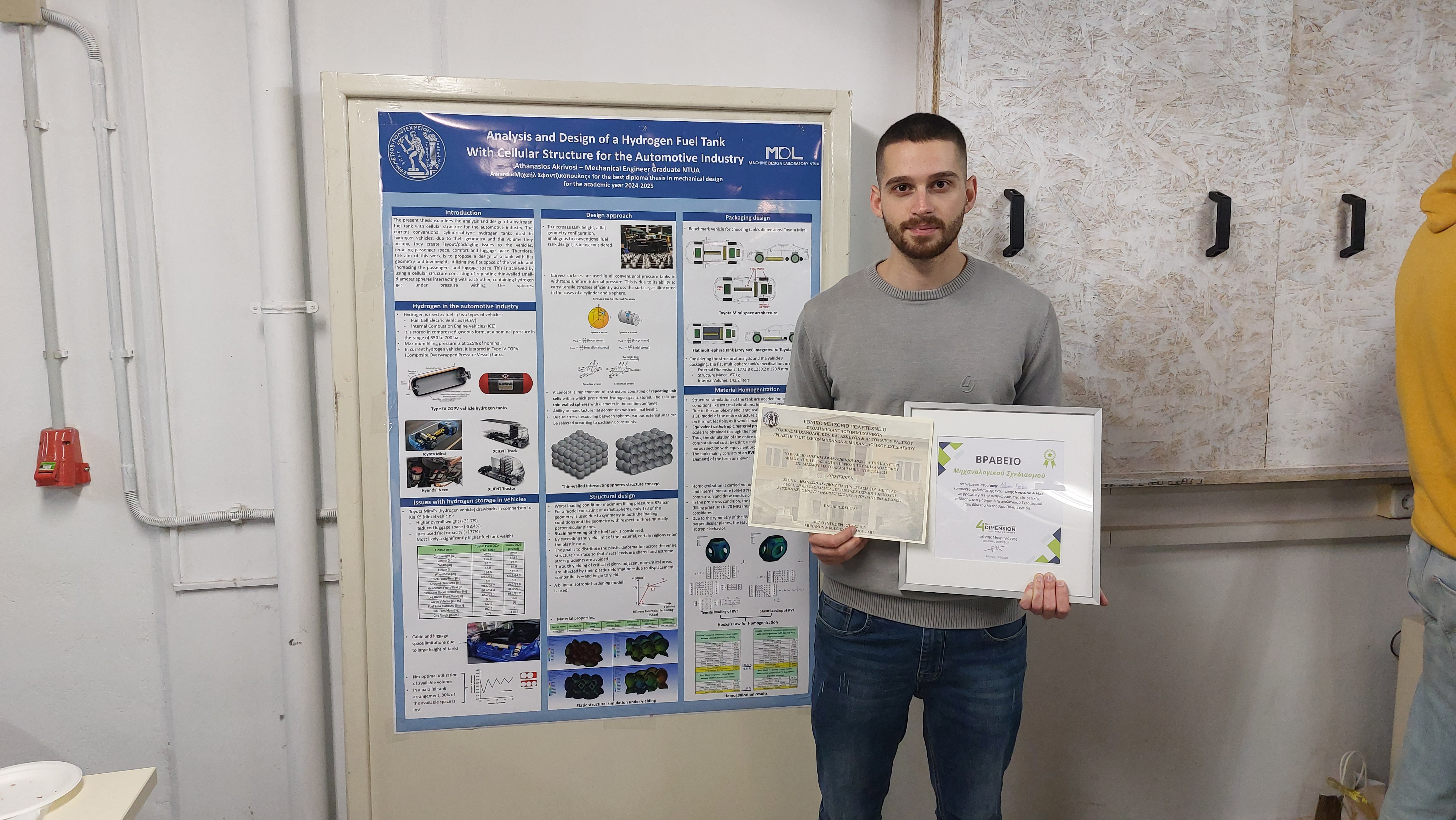 Athanasios Akrivosi holding the award certificate in front of the awarded thesis poster