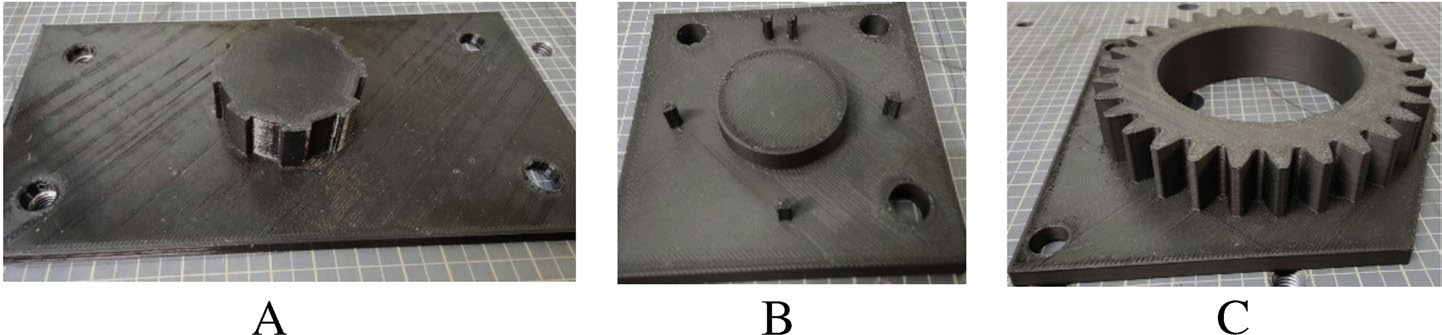 CMM fixture and mounted 3D-printed gear used for dimensional accuracy measurement