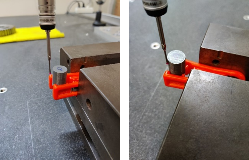 Coordinate measuring machine probing cylindrical specimens for validation of the self-assessment benchmark