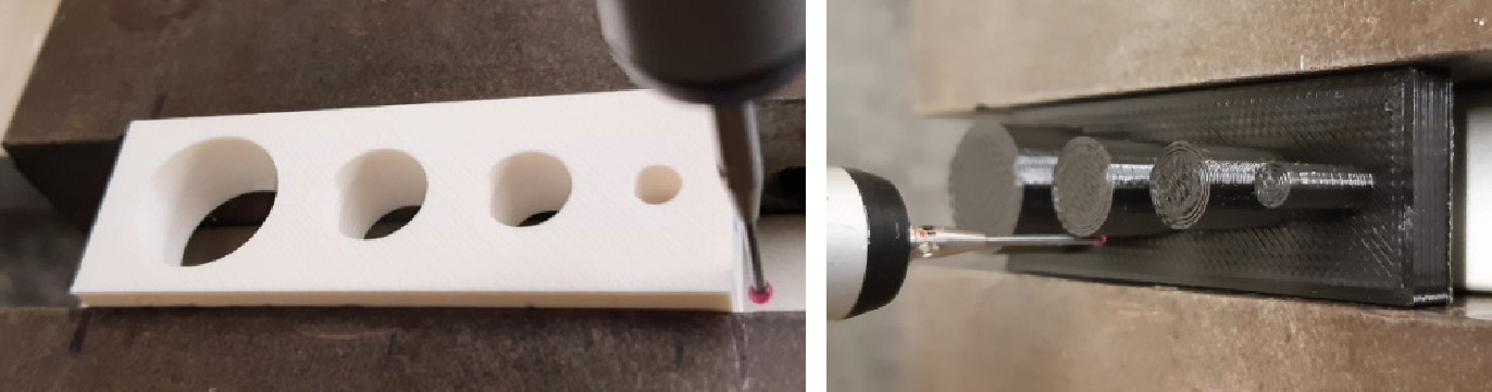 Coordinate measuring machine probing cylindrical holes and shafts in printed specimens
