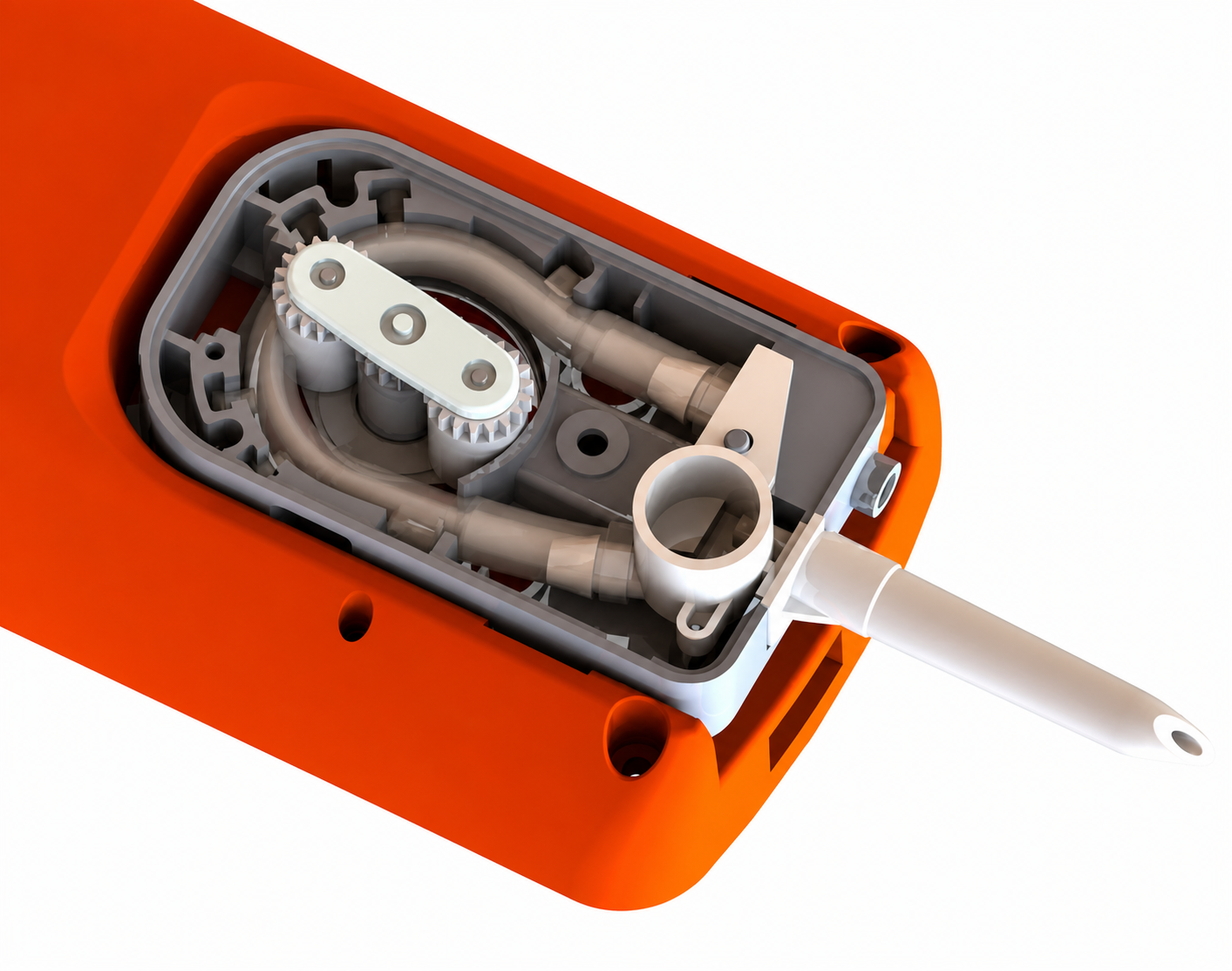 AccuFlow drug-delivery device mechanism render with pump, tube routing and injection component