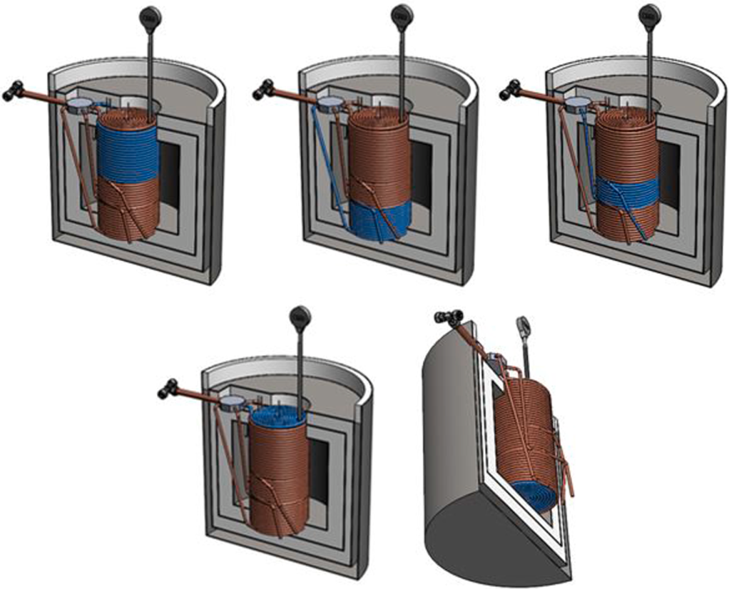 Five cooling coil arrangements surrounding the top, bottom and side surfaces of a cylindrical concrete specimen
