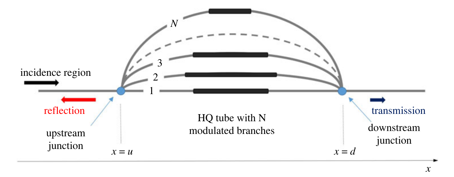 Herschel-Quincke tube with multiple modulated branches between upstream and downstream junctions