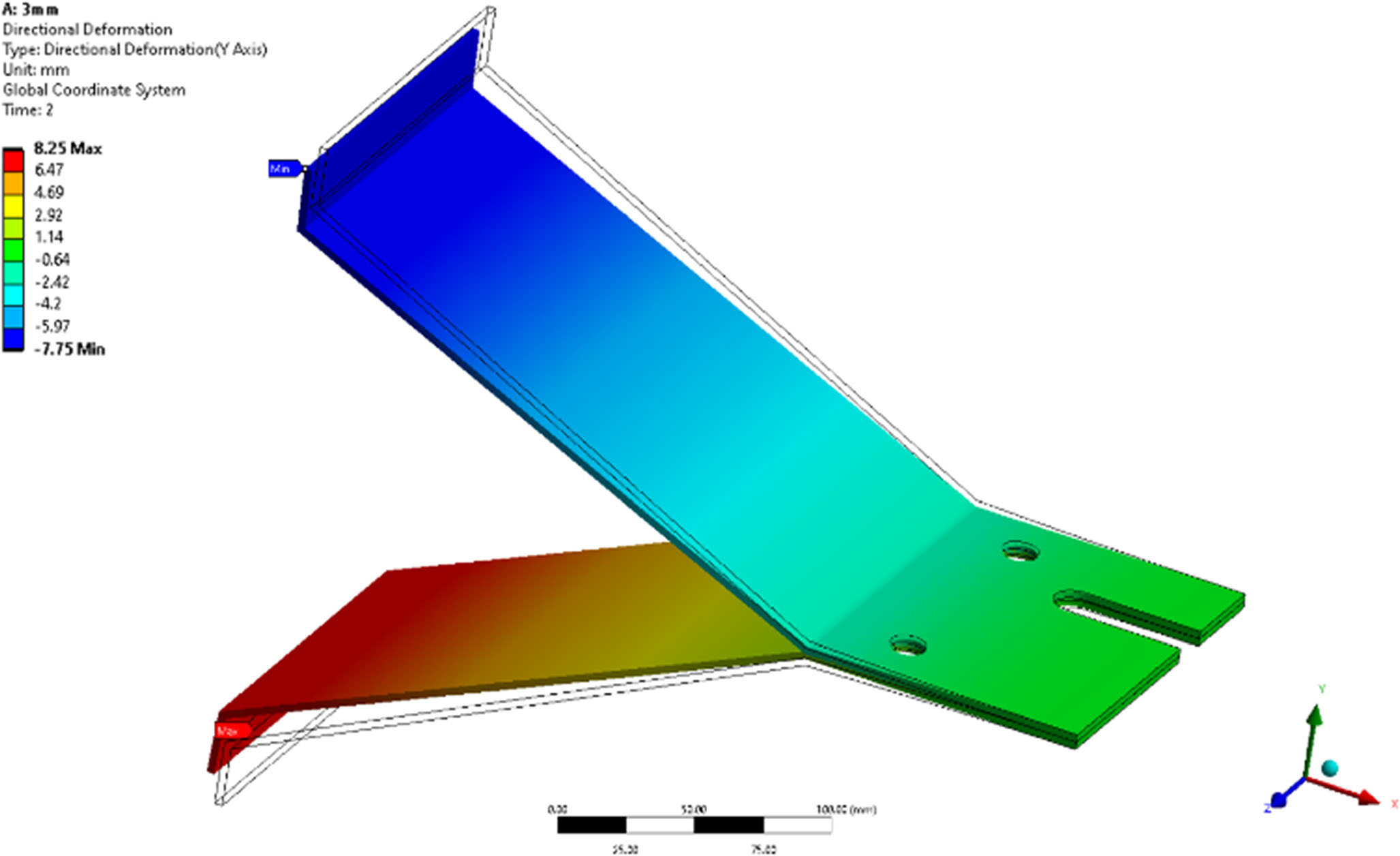 Directional deformation map of a sheet-metal brace assembly under functional loading