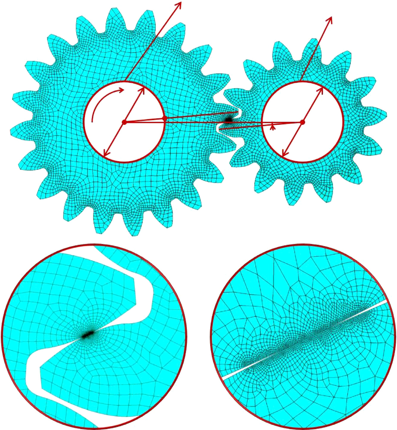 Finite element mesh of a spur gear pair and tooth contact zone used for compliance comparison