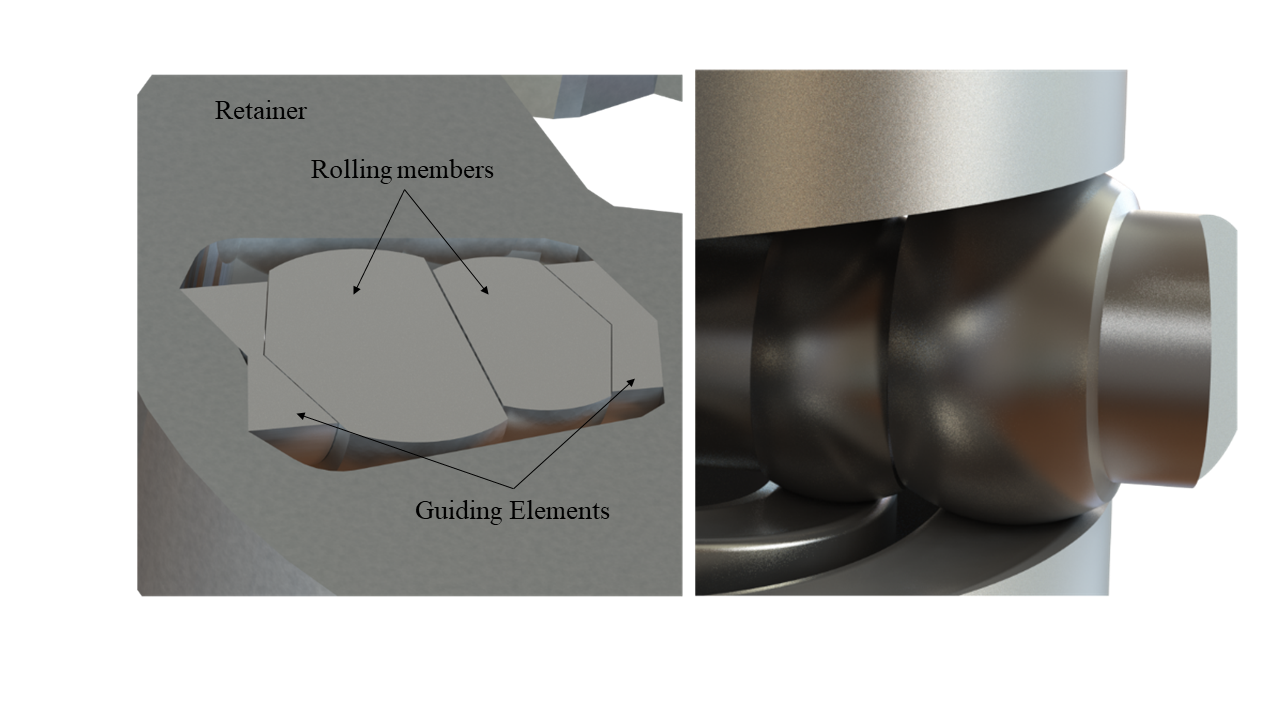 Section view of guided rolling members and concave cam-track contact geometry