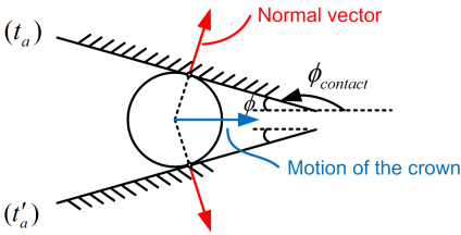 Inclined contact wedge showing torque transmission between cam tracks and rolling element