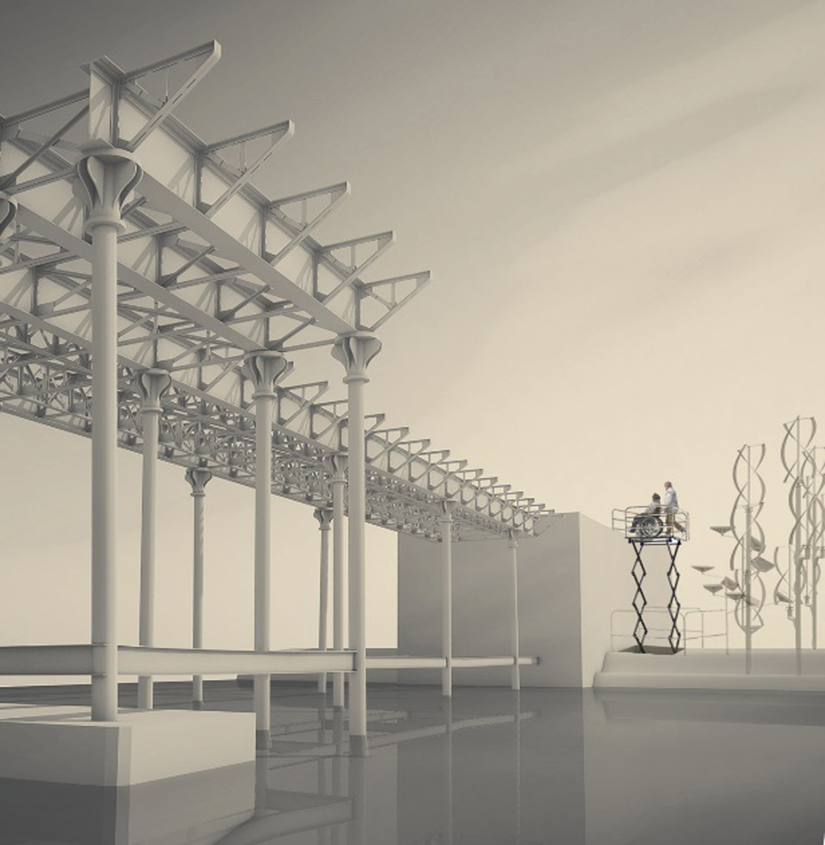 Photorealistic view of the French Wharf of Lavrion with proposed scissor-type lifting platform extended