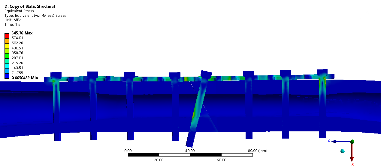 Load-state stress result for the A2 slot-hole plate design with diagonal screw