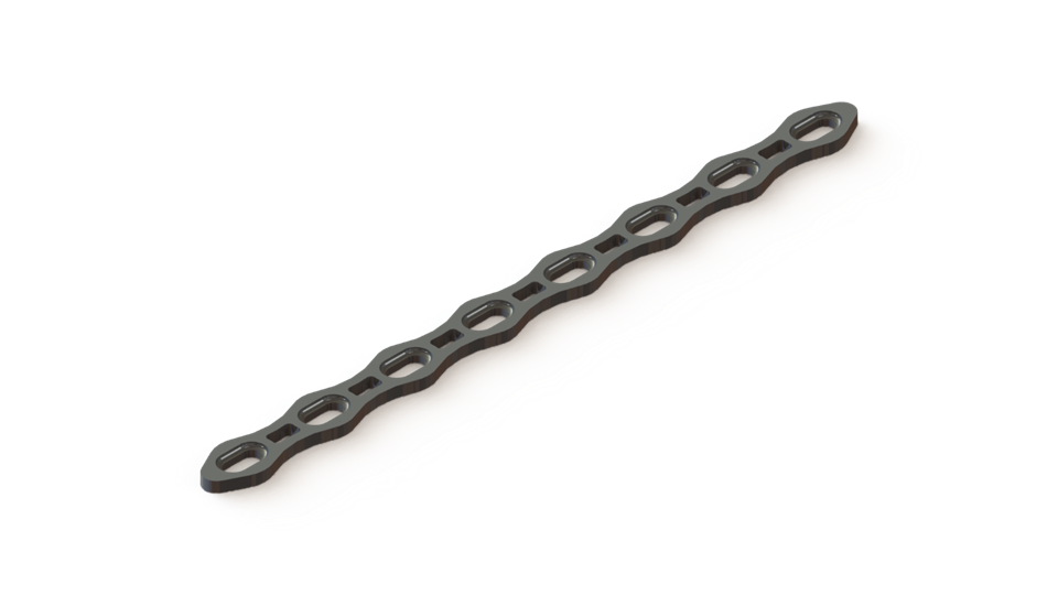 Rendered design of a Nitinol superelastic compression plate with slotted cuts and elongated screw holes