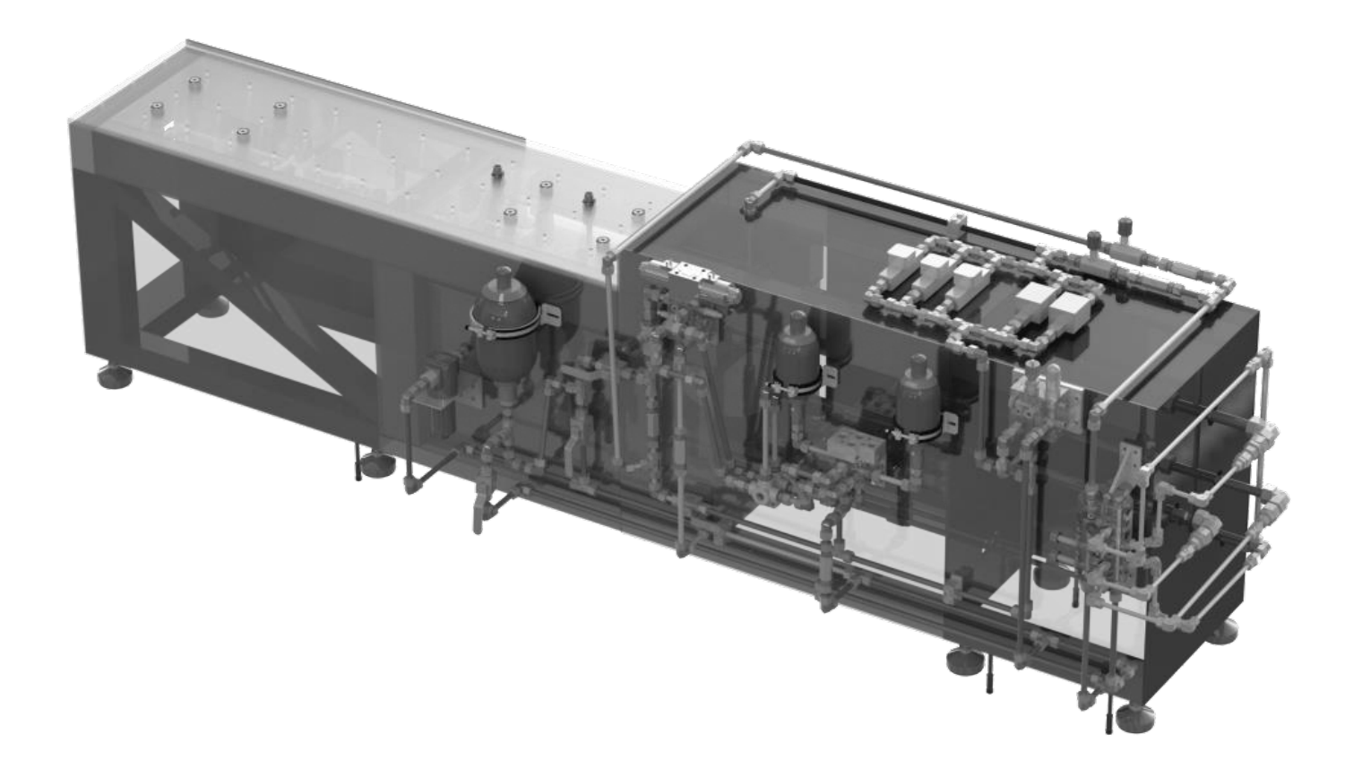 CAD design of the upcycled modular hydraulic test bench with frame, hydraulic components and instrumented test area