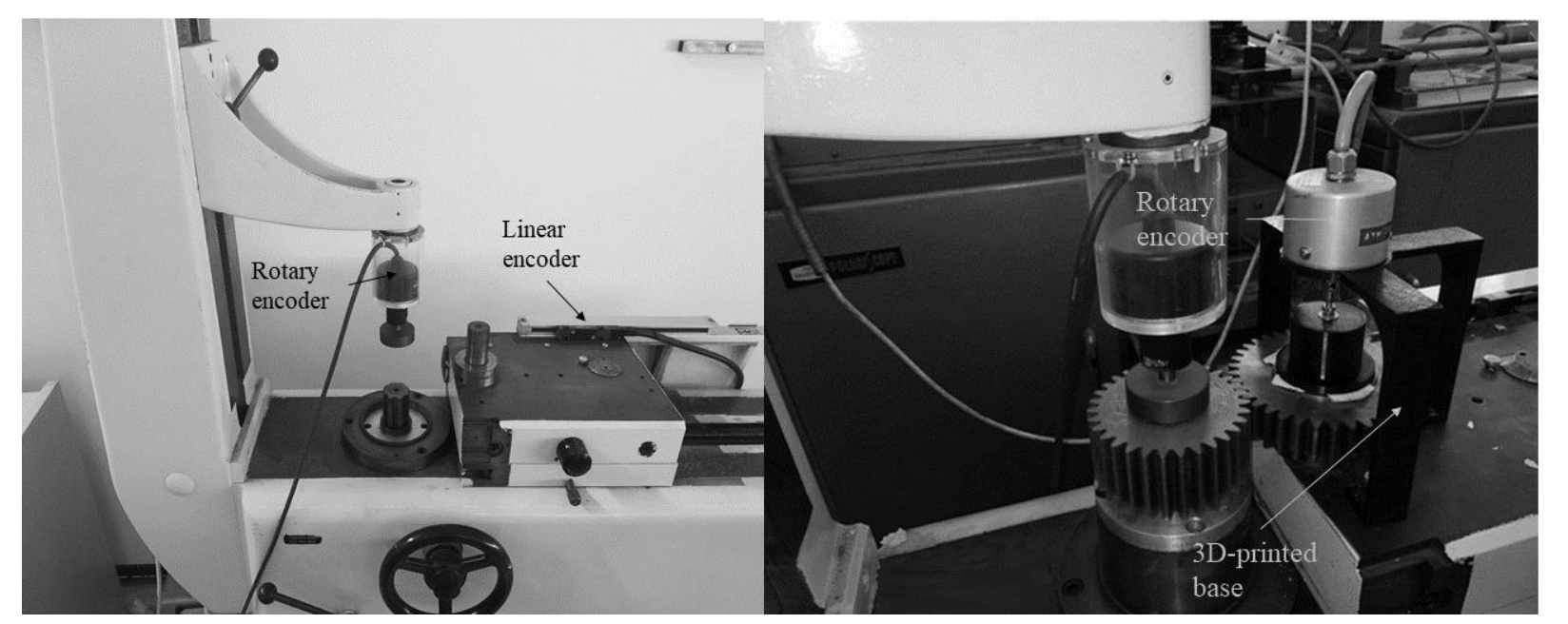 Upcycled Goulder Mikron gear roll tester with linear encoder, rotary encoders and 3D-printed encoder mount